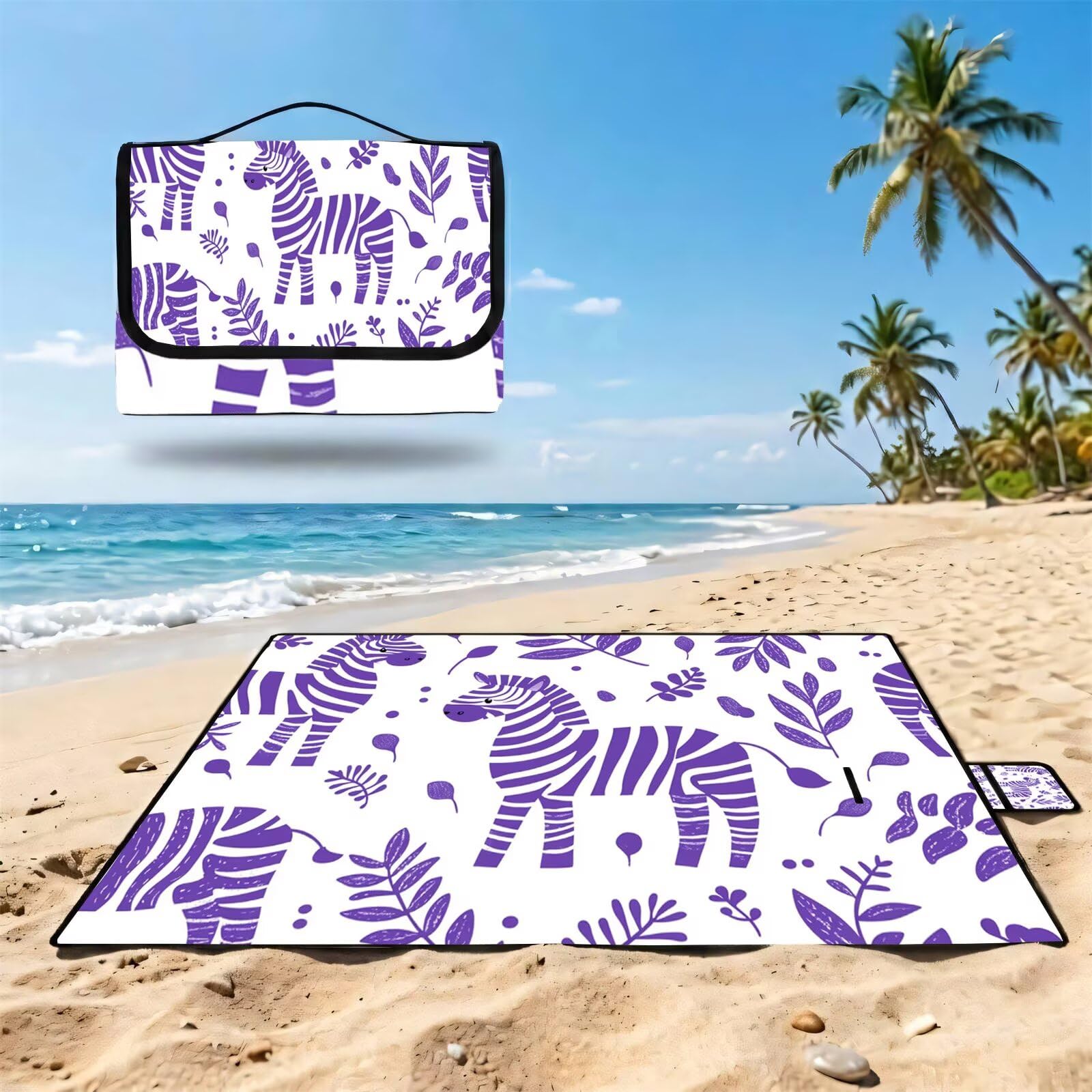 Couverture Pique Nique Grande 200x300cm,Outdoor Couverture Imperméable,Pliable Tapis de Plage Dos en PVC,Picnic Blanket pour Camping Accessoires,Jardin,Parc,Famille - Les zèbres sont Mignons. UZ-125