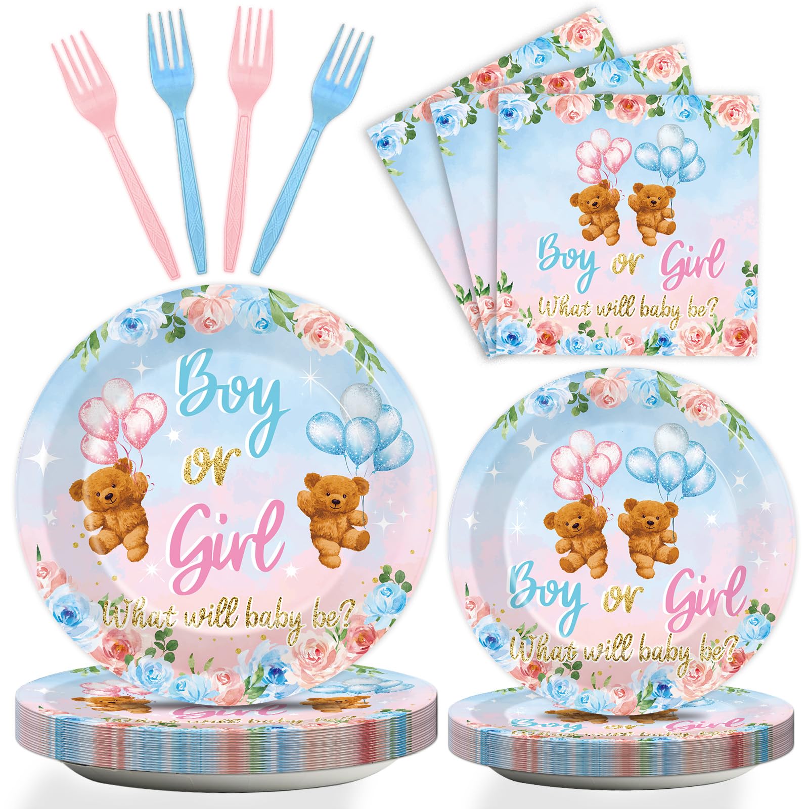 96 Pieces Bear Gender Reveal Theme Tableware Set for Gender Reveal Party Table Decor Supplies Boy or Girl Dessert Plates Napkins Forks for 24 Guests Pink Blue Bear Baby Shower Disposable Party Favors