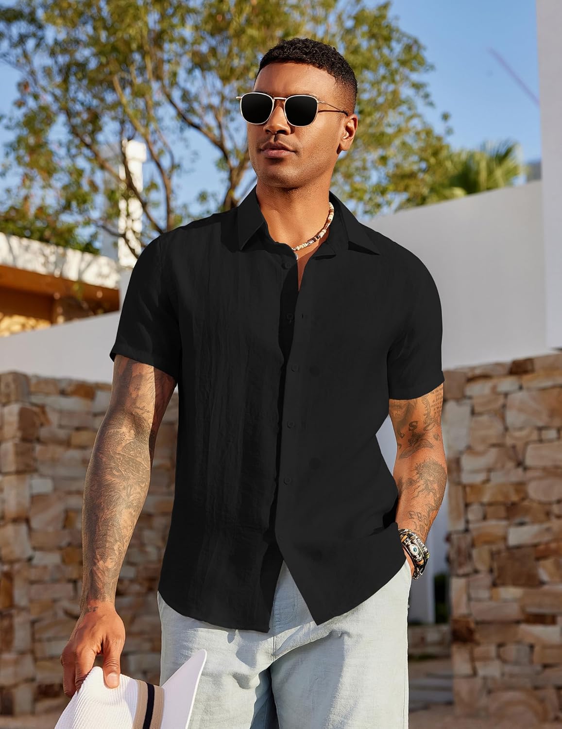 COOFANDY Men's Linen Shirts Short Sleeve Casual Button Down Shirts Beach Summer Wedding Tops - Image 4