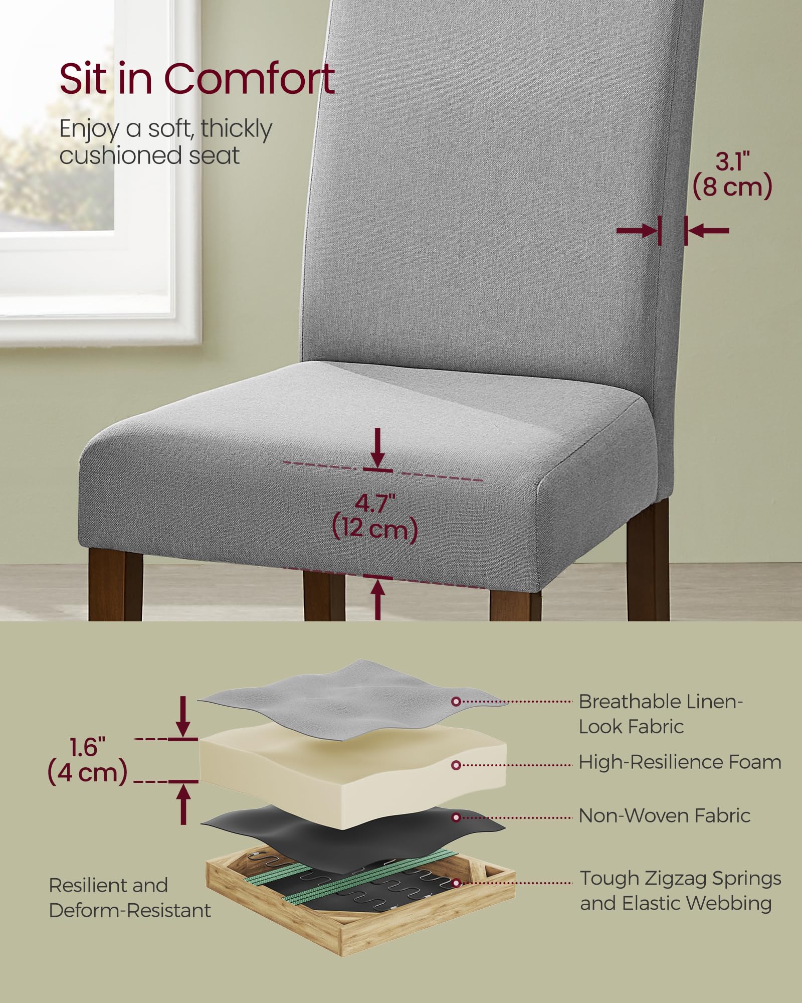 Sillas de comedor, sillas Parsons con funda de tela extraíble, respaldo alto, para comedor y cocina, juego de 2, asiento grueso, 22.8 x 18.9 x 39.4 pulgadas, gris paloma UKDC152G01 4