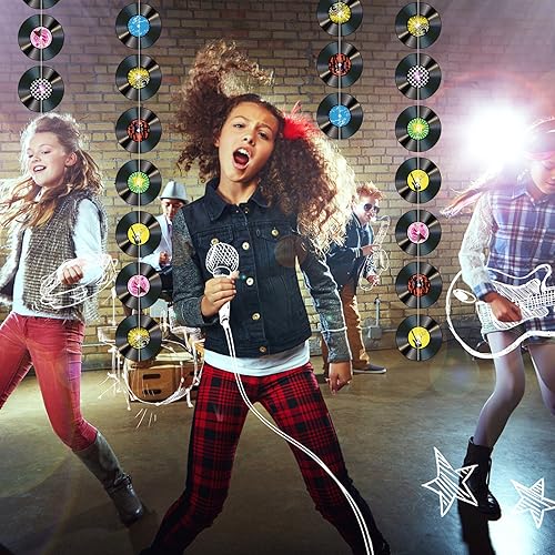 Miniatura 4 de Juego de 18 piezas de guirnaldas de discos de música colgantes, remolinos colgantes de fiesta de los años 50, recortes de papel para decoración de