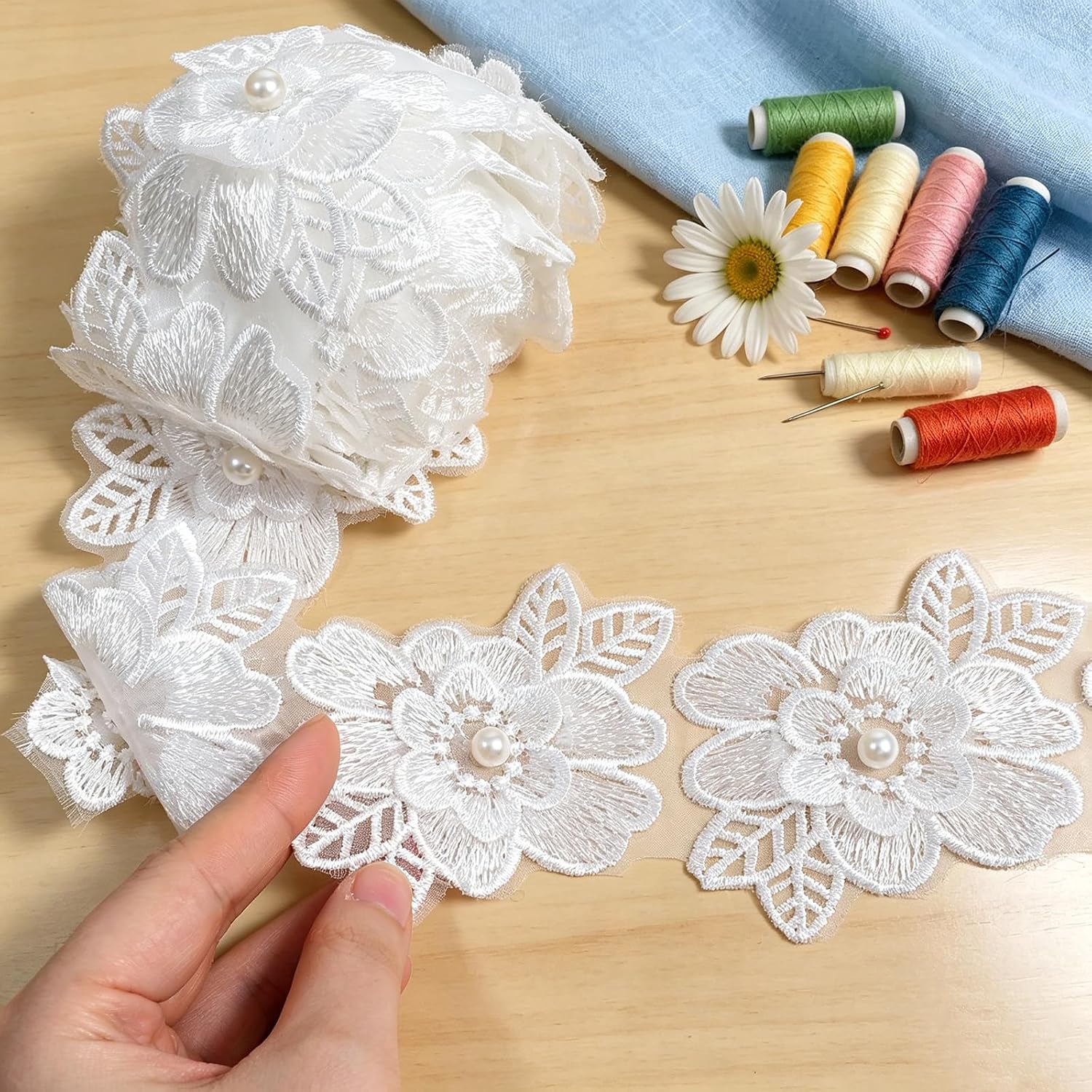 3D Flower White lace Trim, 2 Yards Floral Applique Pearl Embroidered Sewing Lace Ribbon Fabric for Sewing DIY Crafts Decoration Wedding Dress Handmade, 3.2" x 2yd