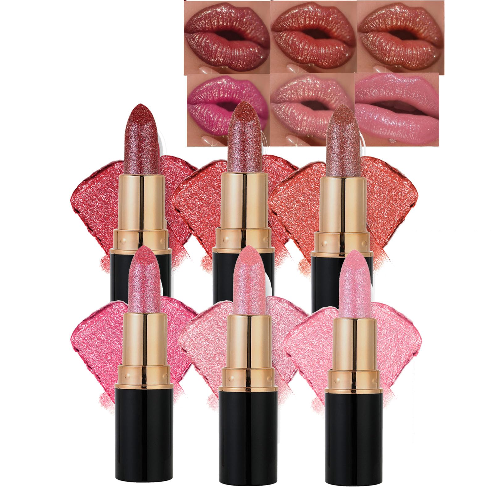 Dianaily Diamond Lip Gloss Glitter Lipstick Waterproof, 6 Colors Diamond Glitter Lipstick, Long Lasting Smudge Proof Glitter Lip Gloss for Women Girls