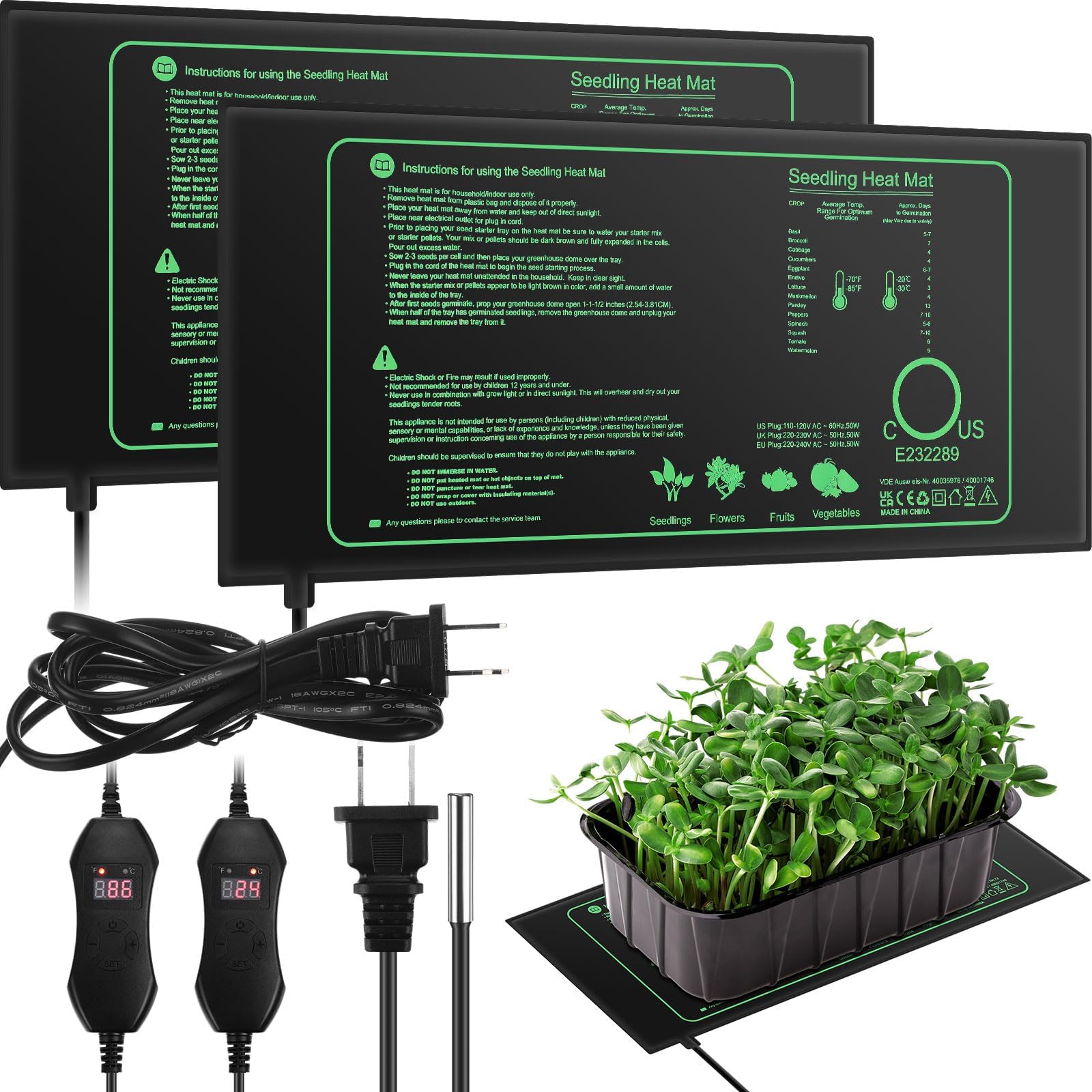 ROCEEI 2 Pack Seedling Heat Mat 10 x 20.75 Inch with Digital Thermostat Controller Waterproof Plant Seedling Heat Mat for Germination, Hydroponics, Brewing, Breeding, Indoor Gardening and Greenhouse