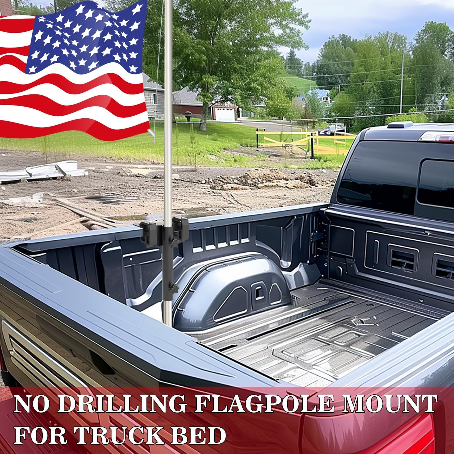 BUJ No Drilling Side Flag Pole Mount Kit for Truck Bed,Universal Black Flagpole Holder Fit Up to 1.5"" Pole,Most Stable Flag Pole Mount for Truck Bed