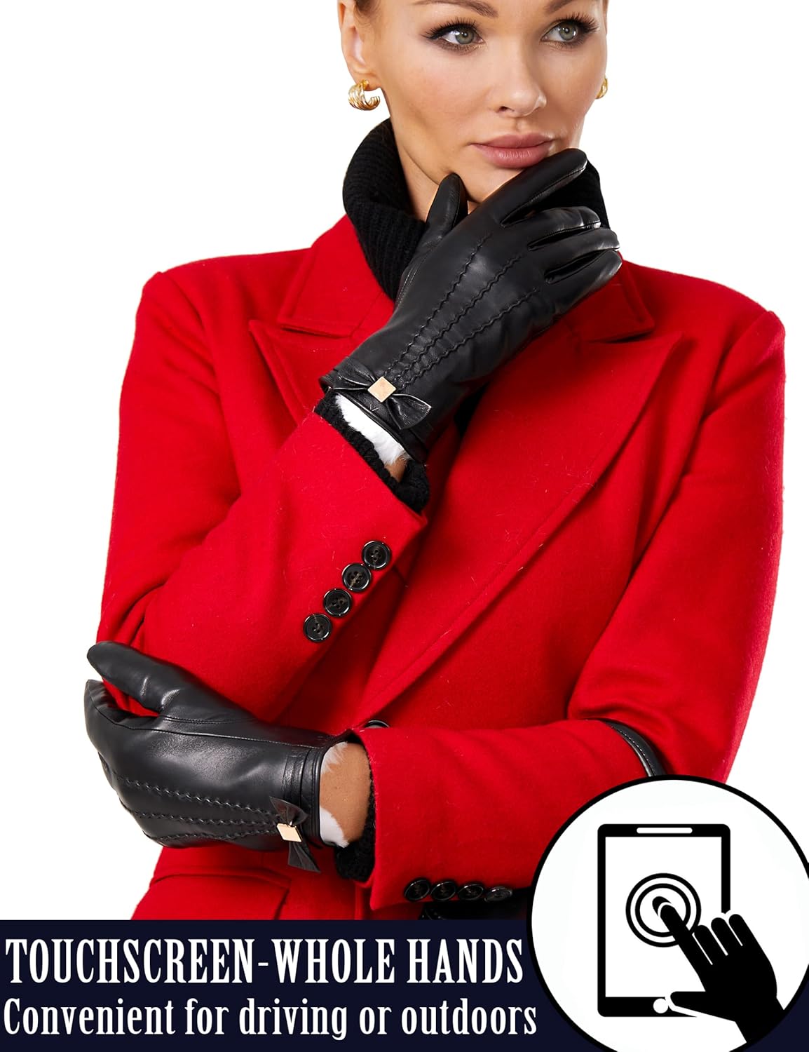 Very Elegant Warm Fur Lined Leather Gloves Women with Bow Touchscreen Texting Driving Gloves - Image 4