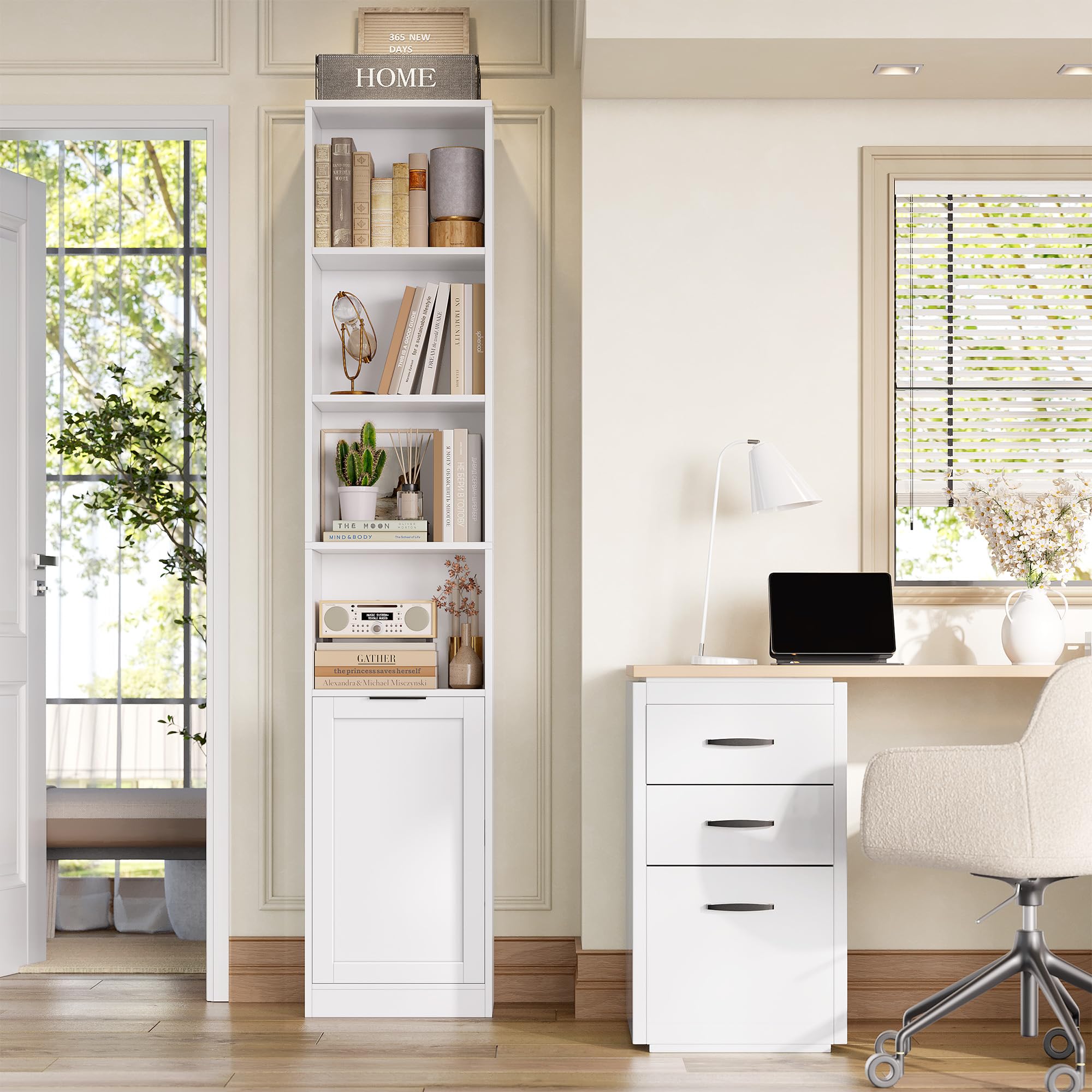 FirFurd 186,4cm Libreria Verticale, Libreria Salvaspazio a 6 Ripiani Bianco | Vetrina Espositiva a 4 Scomparti Aperti,Librerie Stretta,per Appartamenti Piccoli,Soggiorno,Studio e Ufficio,35x24x186,4 cm