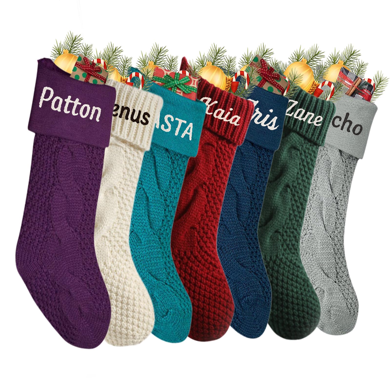 CHARMMYFASHION Personalised Christmas Stockings–Custom Embroidered Name Christmas Stocking for Family,46cm/18in Large Cable Knitted Christmas Stockings Personalized Xmas Gift Fireplace Decorations