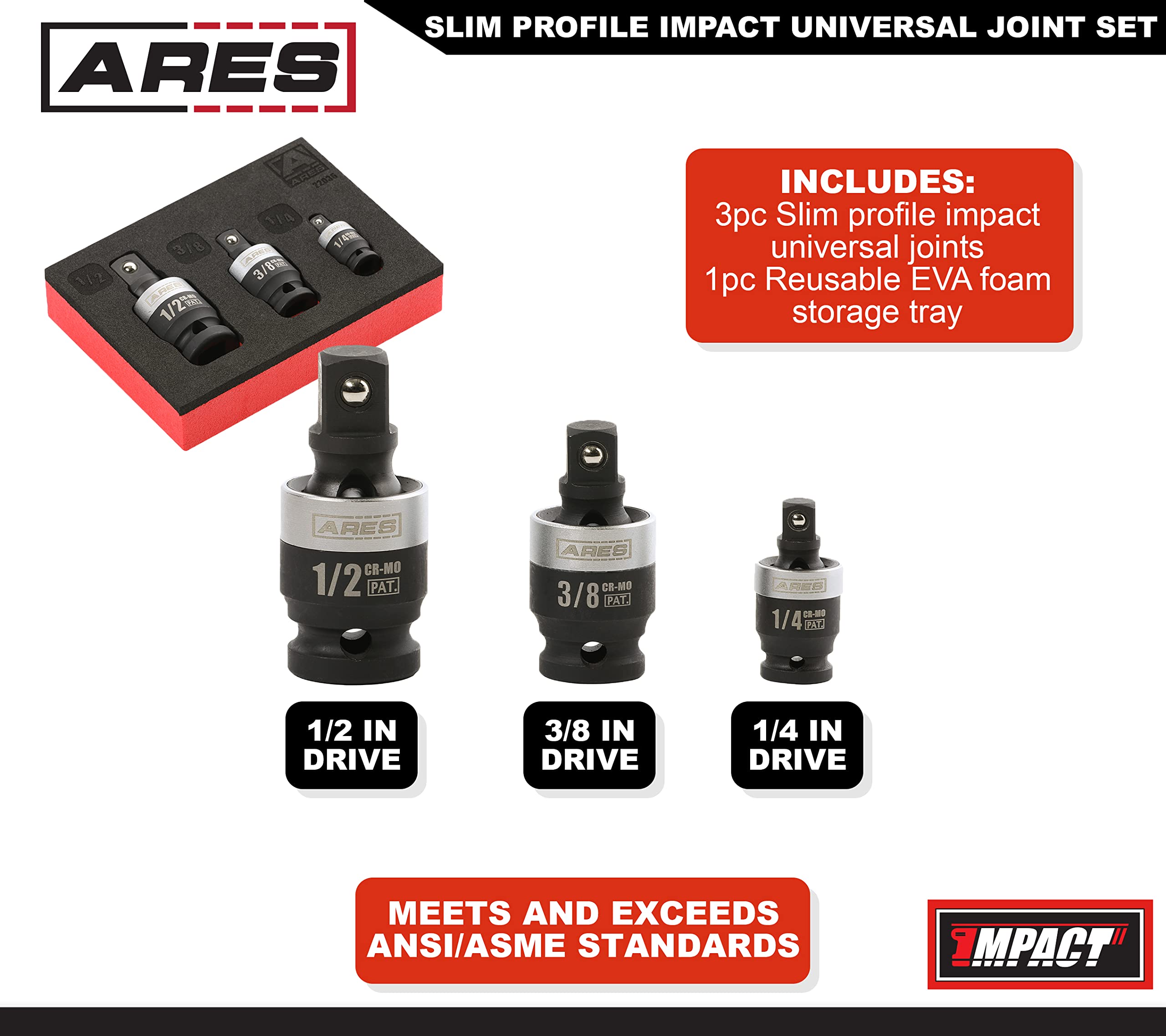 Ares Impact Socket Adapter ARES 3-Piece Impact Universal Joint Set