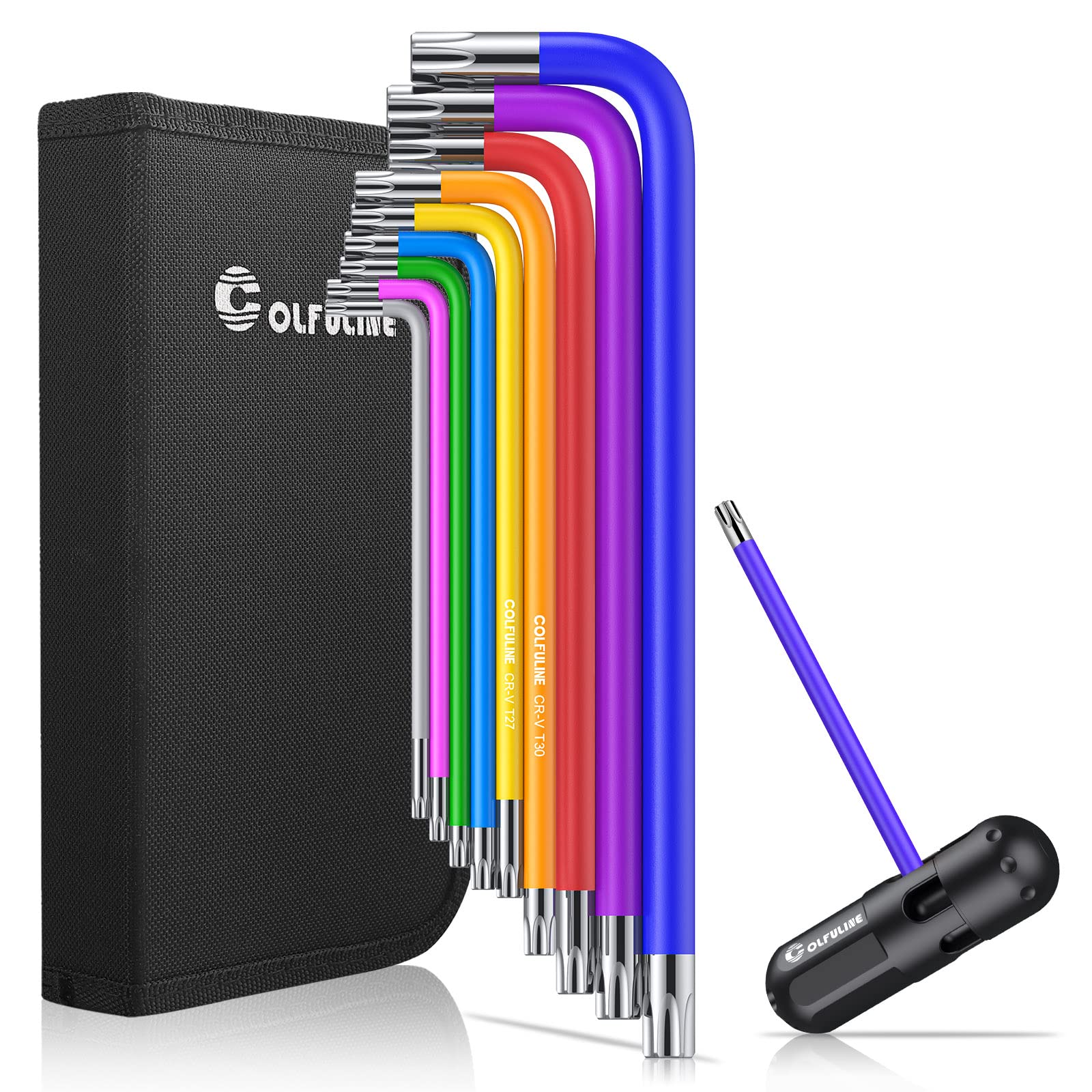 COLFULINE 9PCS Torx Wrench Set, Cr-V Colored Star Allen Key Set T10-T50, Allen Key Allen Wrench Set with T-Handle & Storage Bracket for Bicycle Maintenance, Household DIY, Furniture Assembly