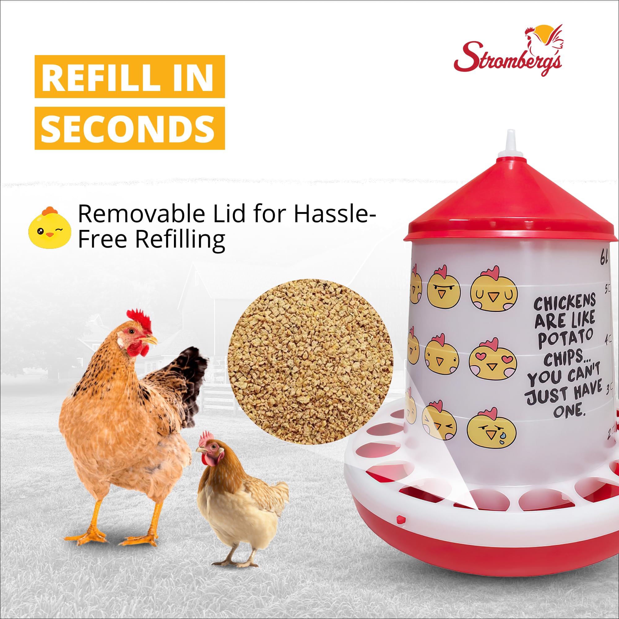Stromberg's Comedero para aves de corral de emoji de pollo, 9 libras, plástico translúcido, fácil monitoreo del nivel de alimentos, diseño duradero, tapa extraíble, divertida configuración de aves de