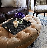 Vista 3 de HofferRuffer Bandeja de servir rectangular de cuero sintético plato decorativo con asas de metal dorado para mesa de café, desayuno, té, comida