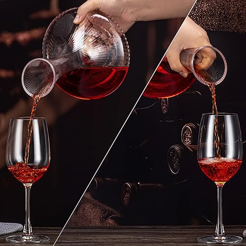 Miniatura 5 de Decantador de vino Jarra aireadora, Decantador de vino con diseño de rayas verticales, vidrio de cristal soplado a mano 100% sin plomo, aireador de