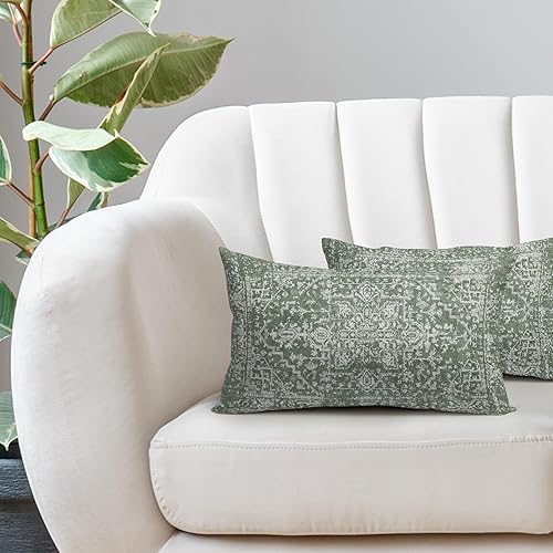 Miniatura 5 de Juego de 2 fundas de almohada lumbares bohemias de color verde salvia de 12 x 20 pulgadas, fundas de almohada rectangulares decorativas estilo