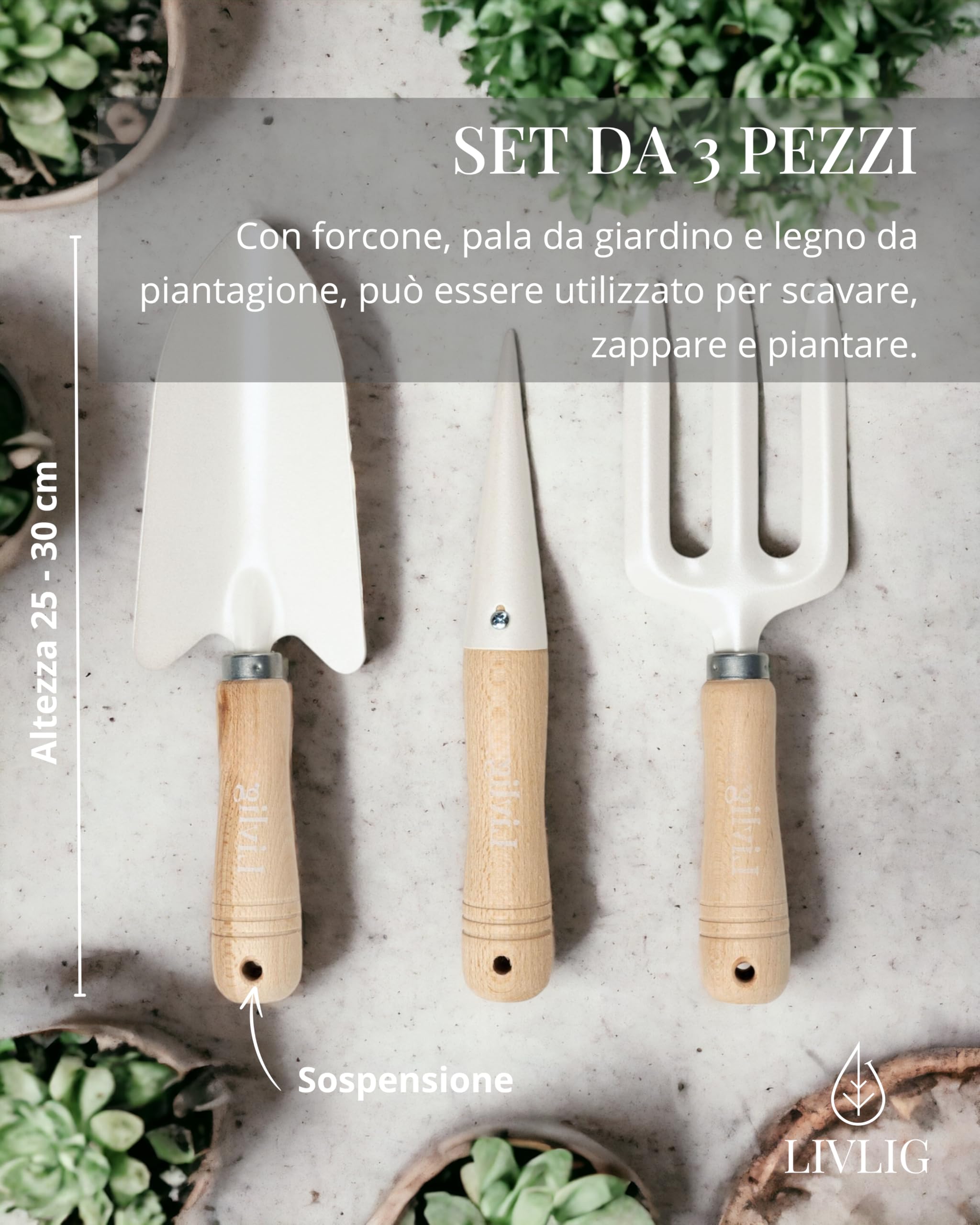 Set di attrezzi da giardino LIVLIG - Set di attrezzi da giardino con pala, rastrello, zappa con forca, manici in legno di quercia e acciaio - regali da giardino per aiuole e giardini