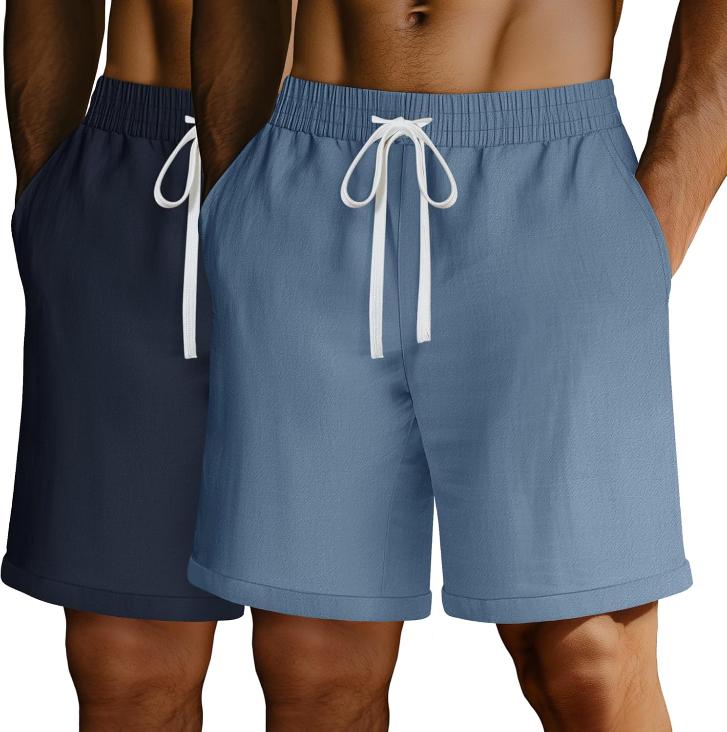 Ficerd 2 Pack Men's Big and Tall Linen Shorts Casual Elastic Waist Cotton Blend Drawstring Summer Beach Shorts with Pockets