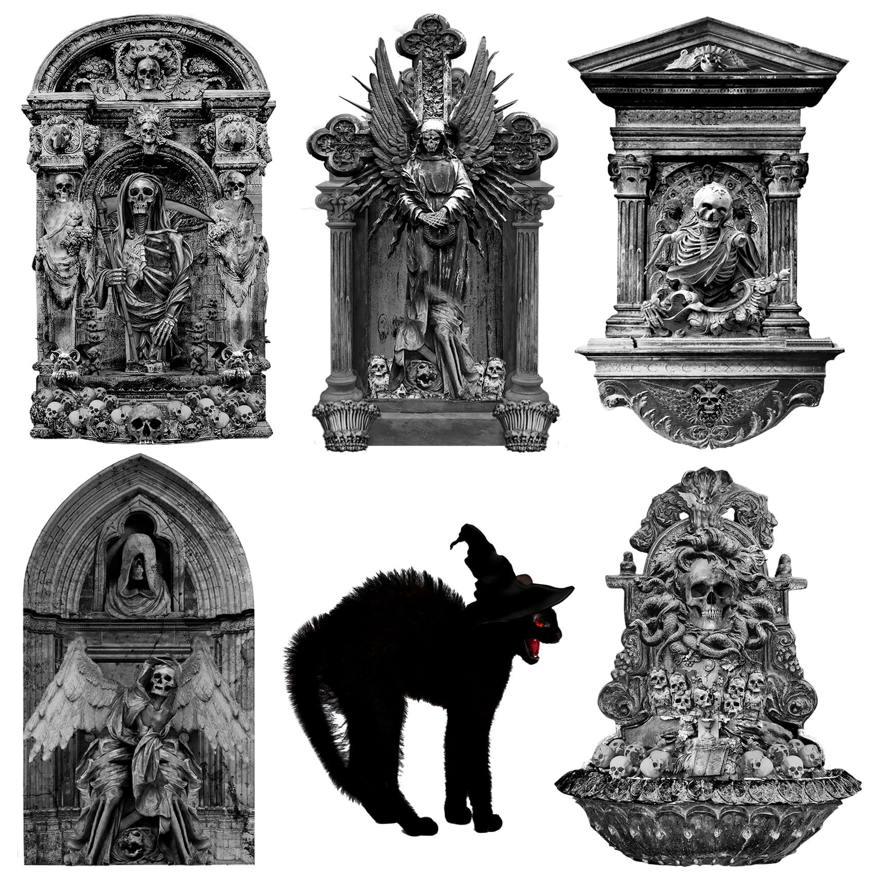 19 Inch Halloween Graveyard Tombstones Yard Stakes Signs Large 6 Styles Outdoor Headstones With Black Cat for Cemetery Halloween RIP Graveyard Tombstones Outdoor Props Yard Decorations With Metal