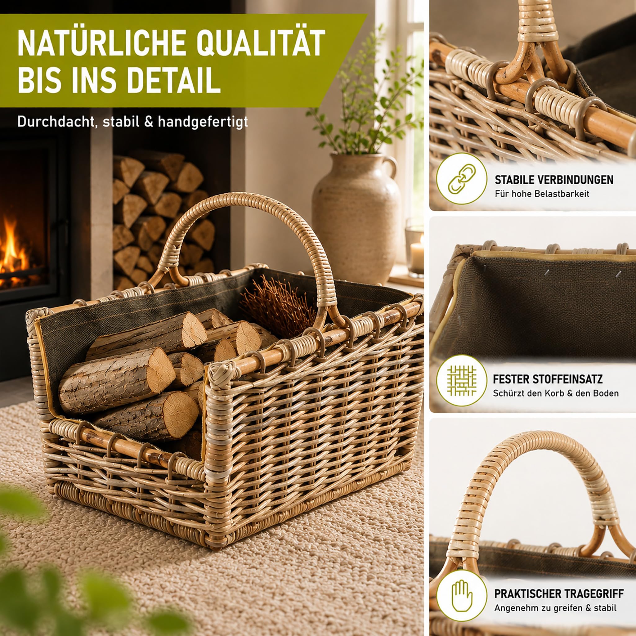 Kobolo Kaminholzkorb Holztrage für Kaminholz aus Rattan Grau