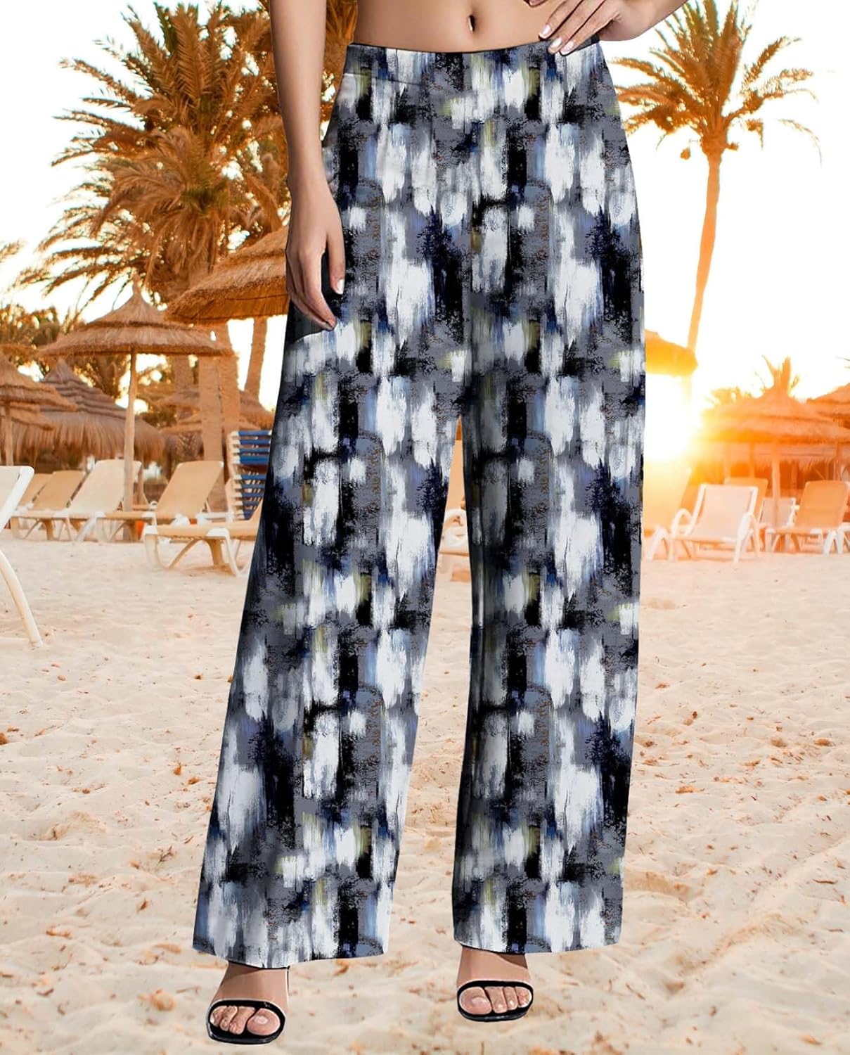 Womens Wide Leg Pants Plus Size High Waisted Pattern Print Lounge Trousers Classic Basic Comfy Work Office Pant - Image 4