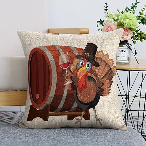 Juego de 1 fundas de almohada de lino de copa de vino de pavo de Acción de Gracias, 18 x 18 pulgadas, fundas de almohada decorativas cuadradas para
