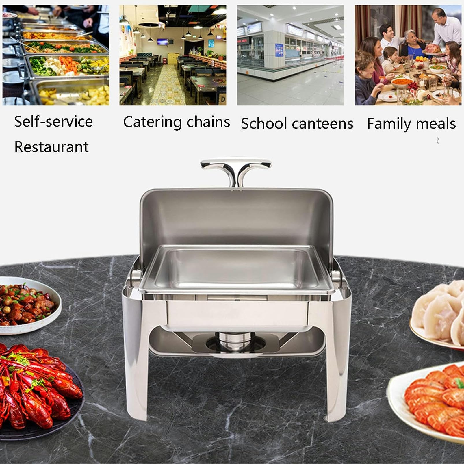 Scaldavivande da Pranzo - Set da Buffet in Acciaio Inox con pentola Calda e Coperchio in Vetro e Supporto per Coperchio Integrato, Piatto Caldo Rotondo per Feste, c,Stainless Steel Color-9L