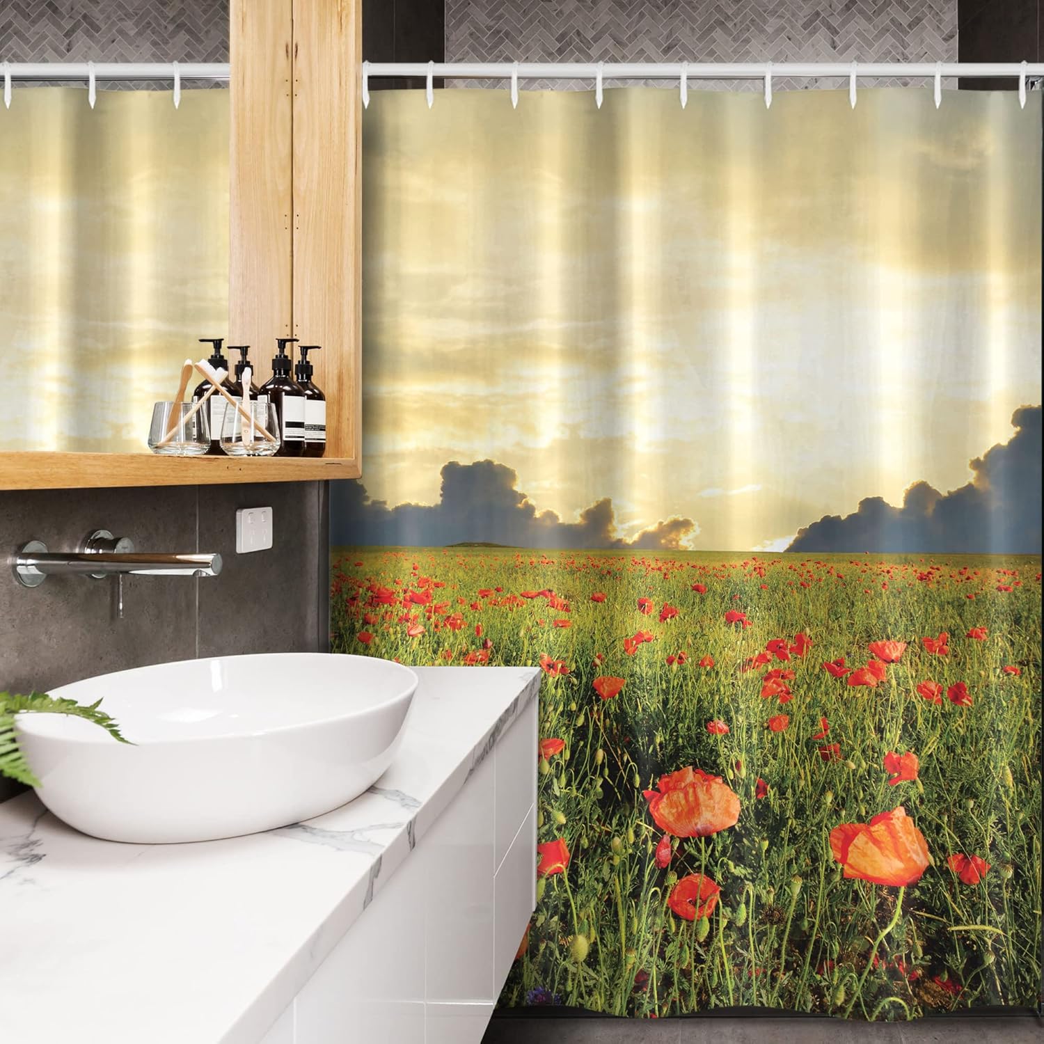 Ambesonne Flower Stall Shower Curtain, Field with Grass and Poppy Blooms Against The Sunset Cloudy Sky View, Fabric Bathroom Decor Set with Hooks, 54" W x 78" L, Yellow Green Scarlet