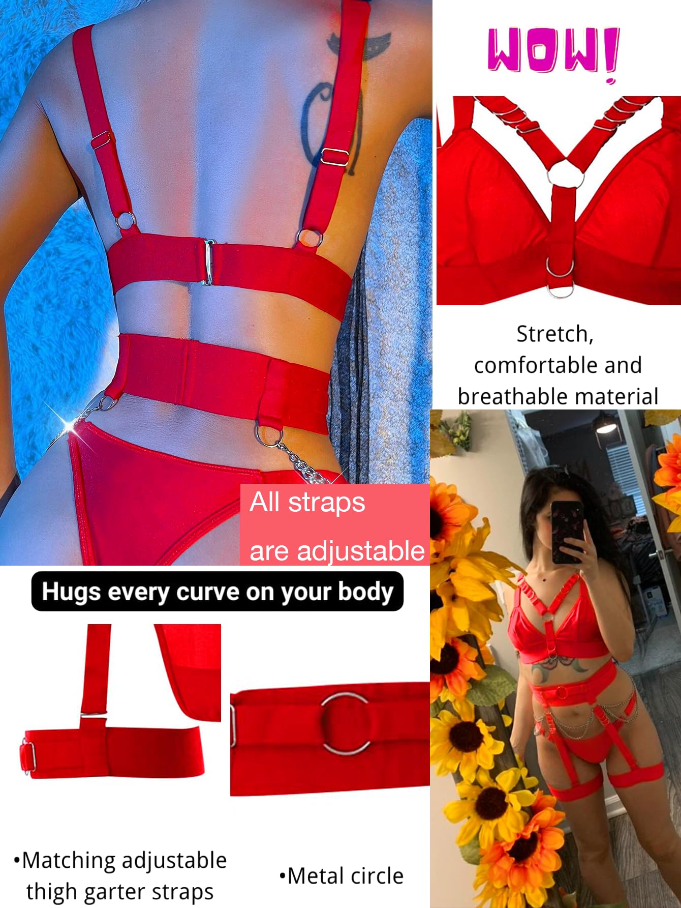 Alrovetoney Sexy Lingerie Set For Women With Garter Belt 5 Pieces Strappy Bra and Panty Set Adjustable With Chain: Medium Red