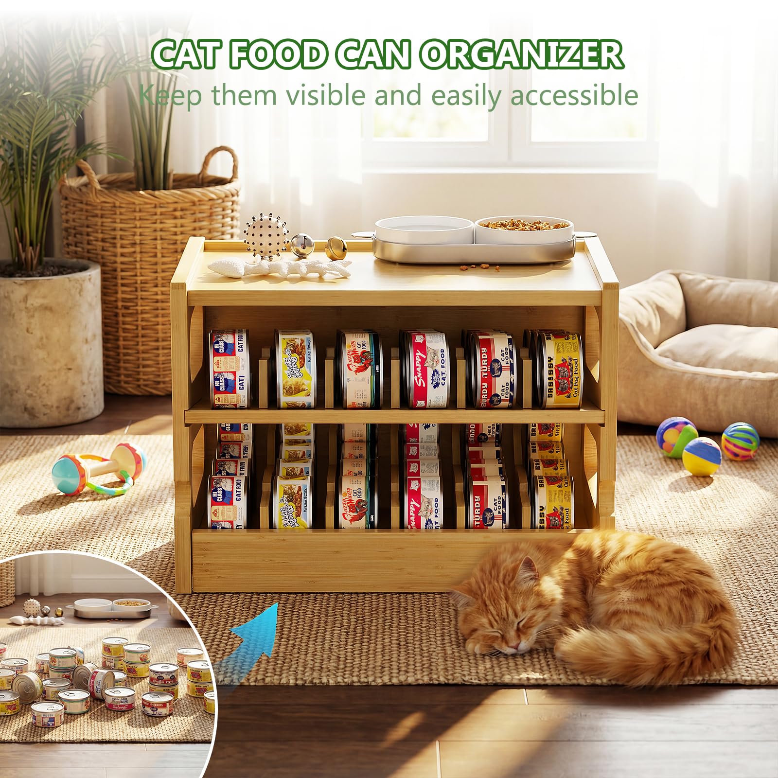 Organizador de latas de comida de bambú para gatos, capacidad para 36 latas (3 onzas), estante de almacenamiento de alimentos húmedos para gatos, dispensador de latas de comida rodante para