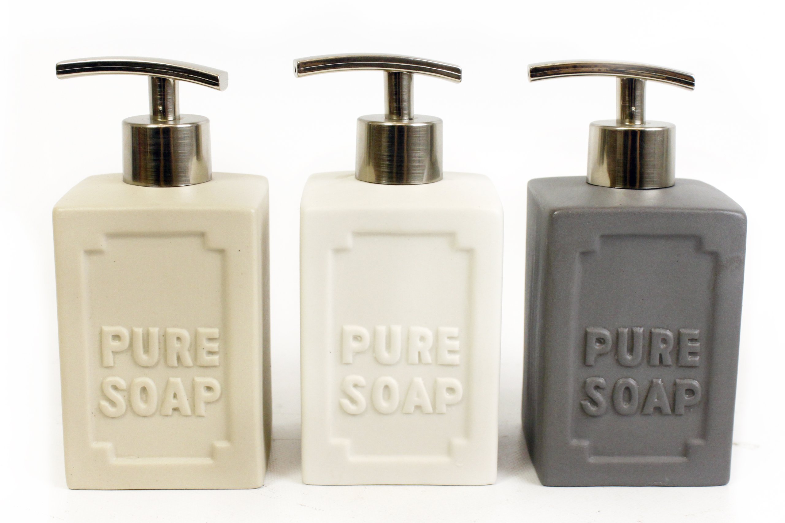 'PURE SOAP' Embossed Soap Dispenser: Cream, White, Grey (Grey)