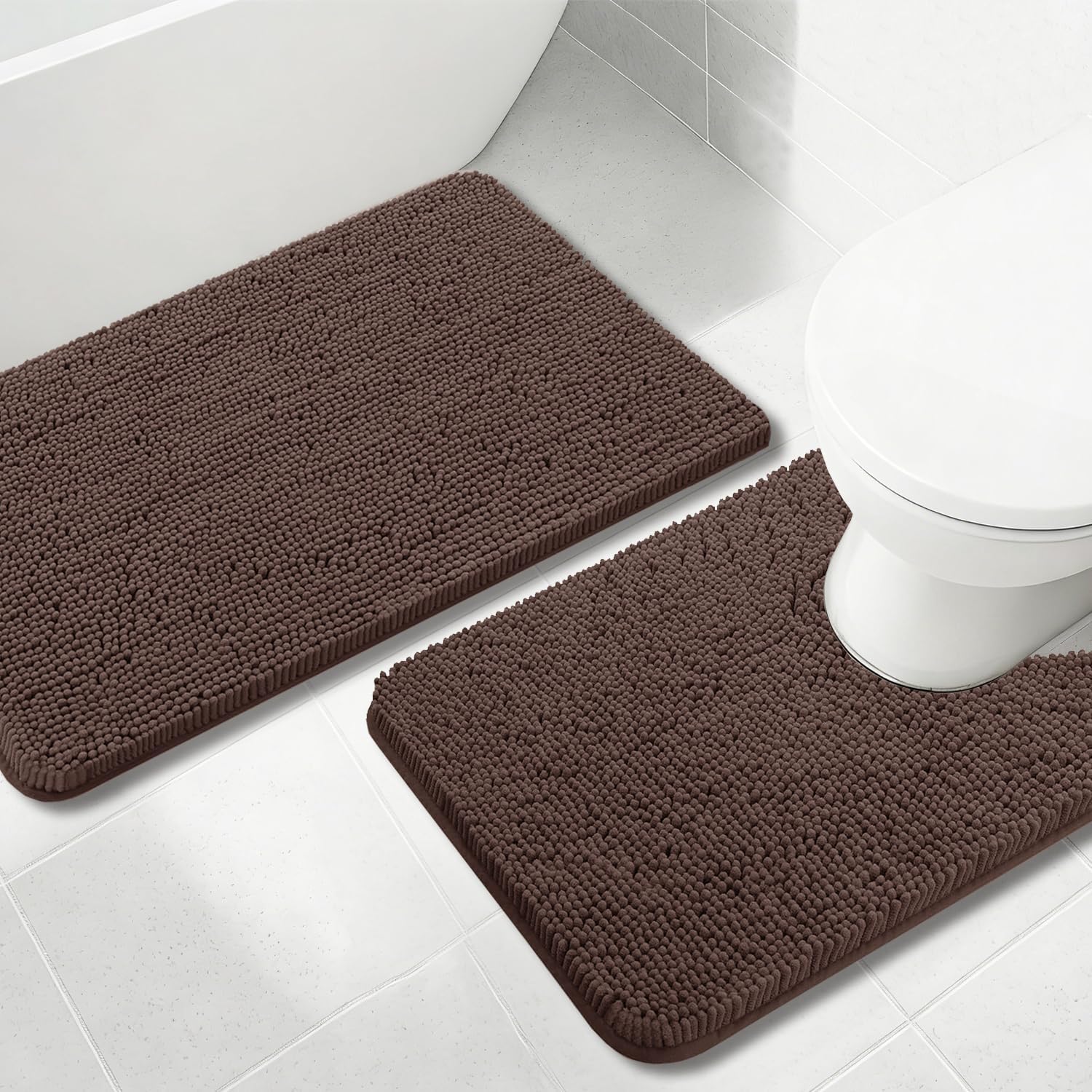 Bathroom Rugs Chenille, Extra Thick and Absorbent, Non-Slip, Machine Washable, Dry Quckily, Soft Cozy Plush, Used Under Shower Bathtub and Sink, Bath Mat Sets Coffee