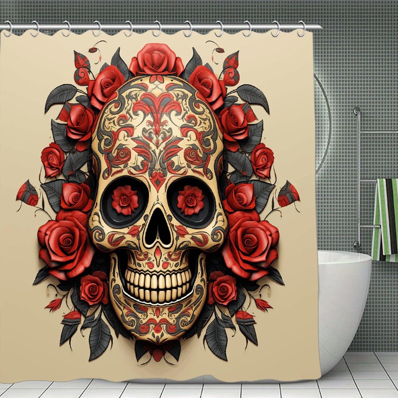 VstaDank Red Rose Sugar Skull Bath Curtain Elegant Heavy Duty Shower Curtains 70x70 in Rustic Farmhouse Cloth Shower Curtains Neutral Modern Bath Curtain for Bathroom