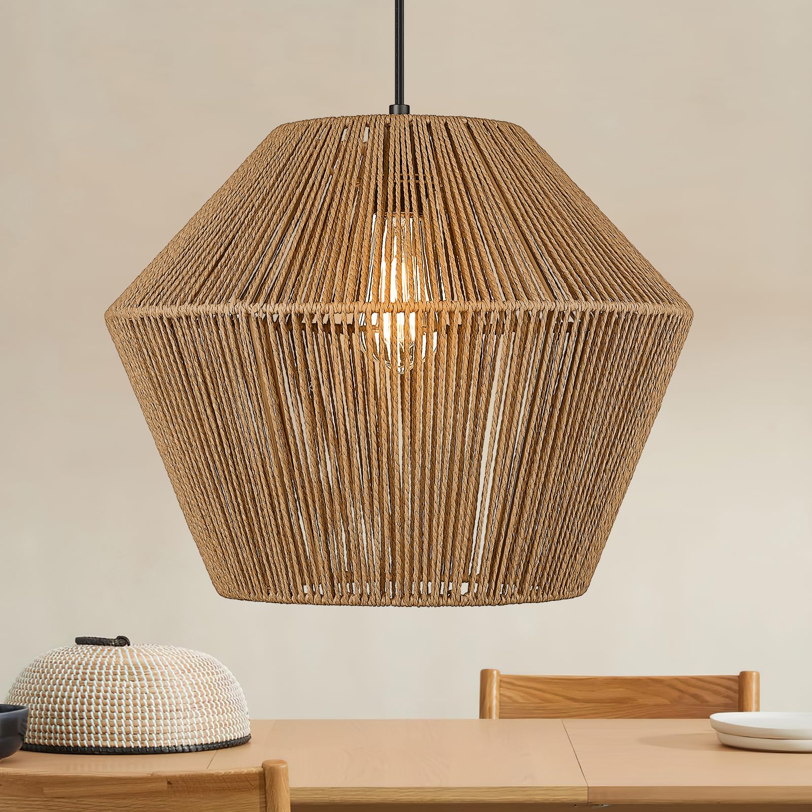 ELYONA Woven Pendant Light, 17” Modern Boho Chandelier Handwoven Rattan Basket Shade, Rustic Pendant Light Fixtures Farmhouse Ceiling Hanging Lamp for Dining Room, Kitchen Bedroom, Entryway, Foyer