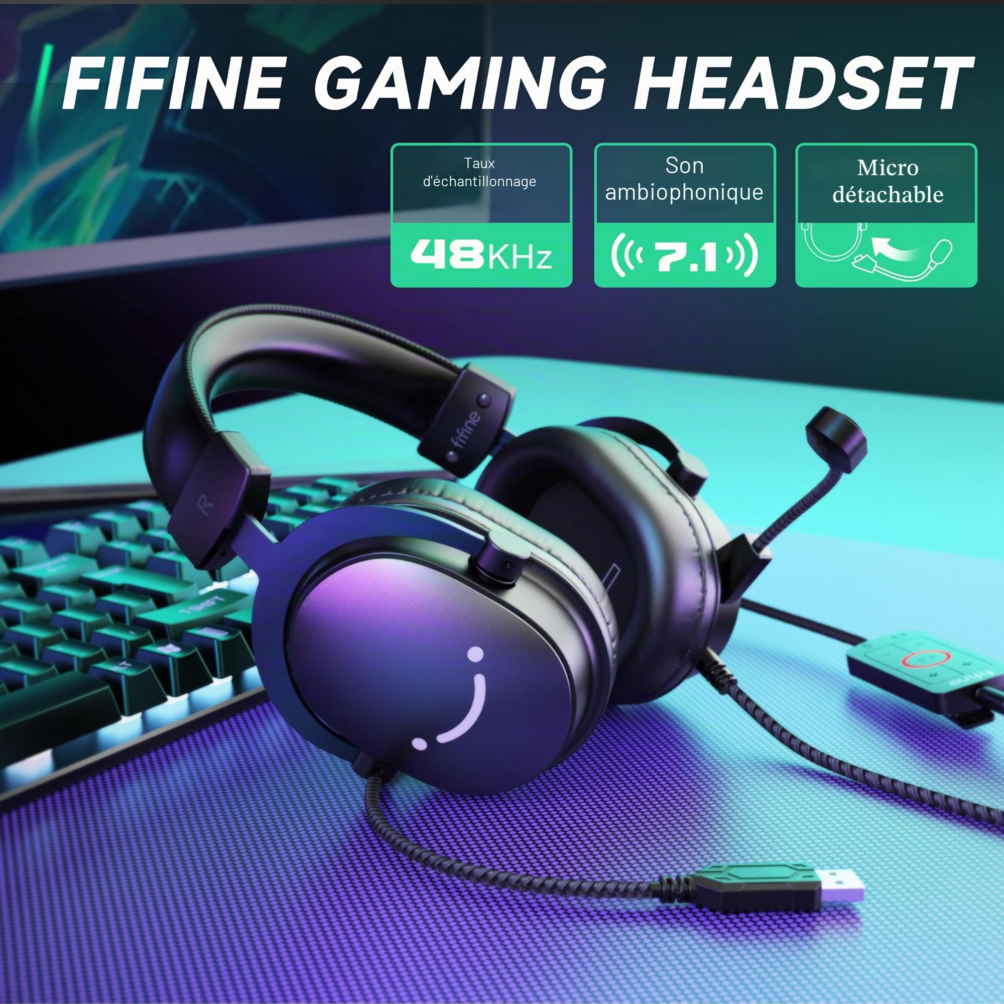 FIFINE Casque Gamer PC, Casque Gaming avec Micro pour PS4 PS5 Xbox Switch, avec Son Surround 7.1, Microphone détachable, boîtier de Commande, Prise Casque 3,5 mm