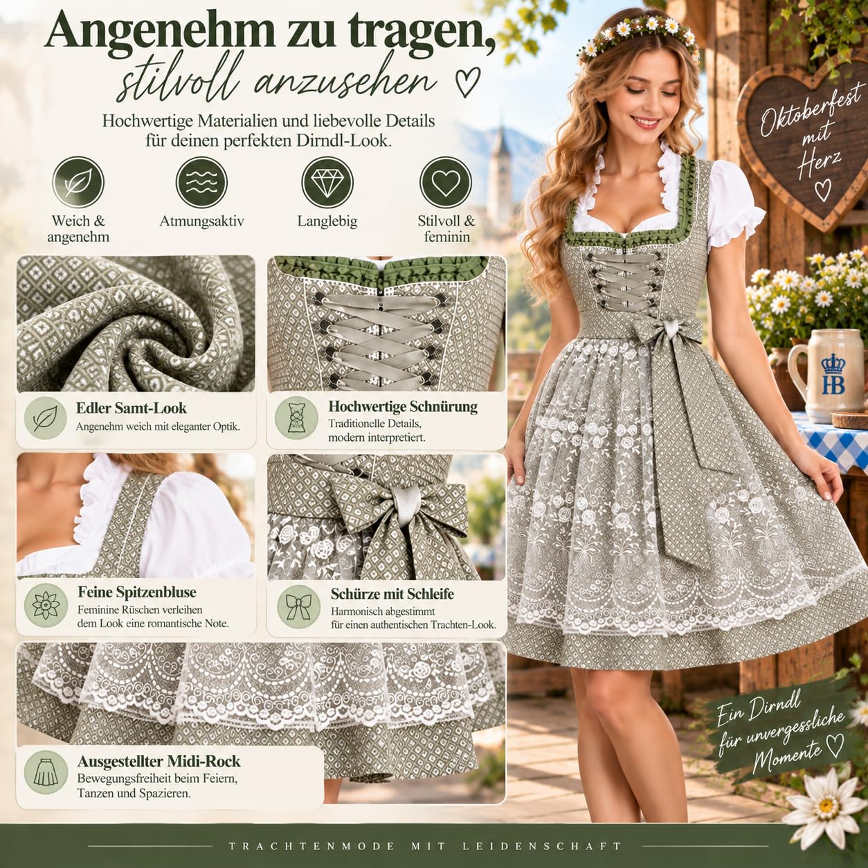 Generisch Dirndl Damen Oktoberfest Damen Outfit Midi Dirndlkleid Trachtenkleid Oktoberfest Dirndl Kleidung Trachtenmode Kleid Schlicht Tracht Dirndlkleid Schürze Spitze Kleid Knielang Dirndlschürze
