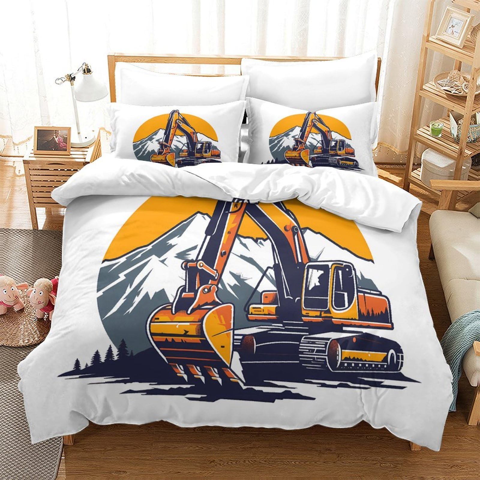 Baggermaschine 3-teiliges Pflegeleichtes Polyester industrielle Illustration Stil Kinderbettwäscheset, 2 Kissenbezug, Unsichtbarer Reißverschluss, Babysicher & Gifffrei King（220x240cm）