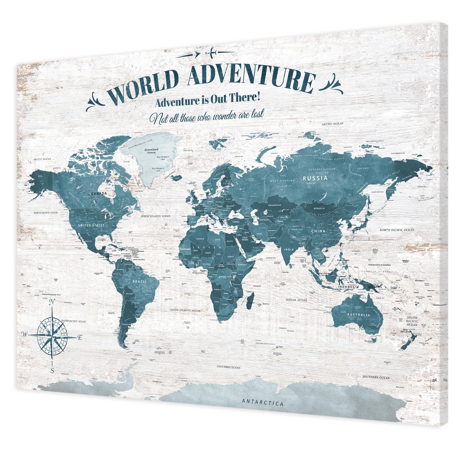 IPIC Antique Blue World Travel Map with Pins, World Map Pin Board, 40x30 in