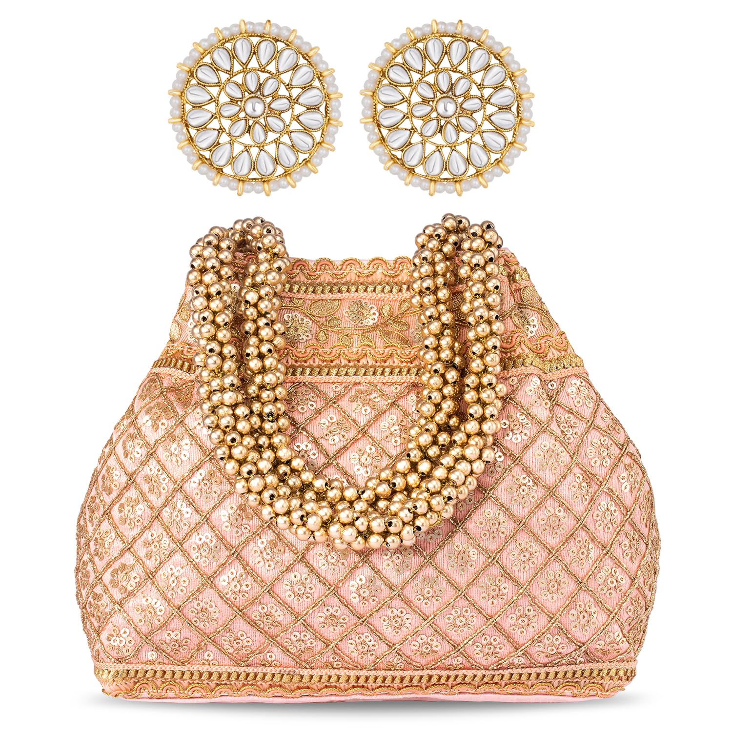 Peora Combo of Kundan Pearl Round Earrings & Golden Potli Purse for Women Girls|Jewelry for Wedding Party Evening|Bridal Ethnic Handbags (B0CVRY6L26) Amazon Price History, Amazon Price Tracker