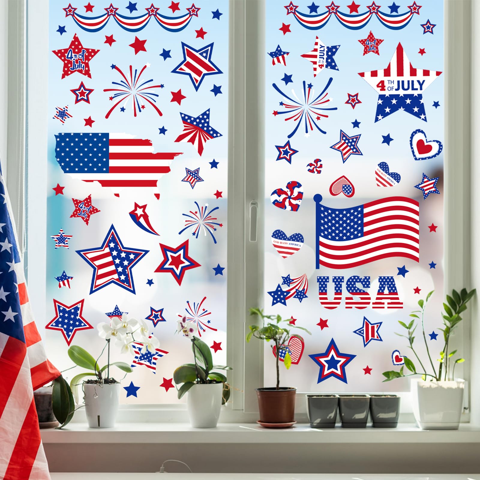 9 Sheets Patriotic Window Clings 2025 4th of July Window Decorations USA Window Decals Independence Day American Flag Window Stickers for School Home Party Glass Mirror Decoration