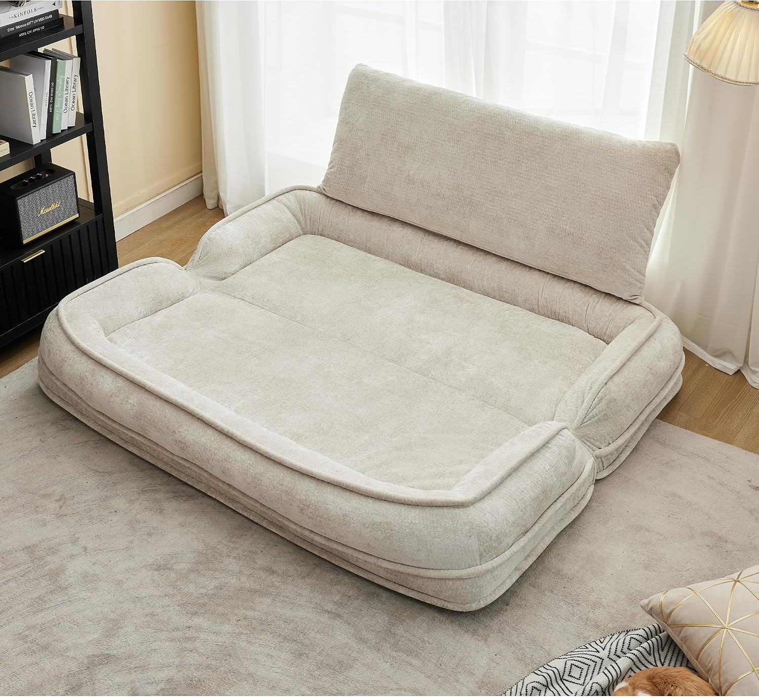 Leavader Double Human Dog Bed Foldable Lazy Sofa Bed with 5 Adjustable Position, 2-in-1 Loveseat for Adults and Pets, Extra Large Floor Couch for Bedroom, Living Room (Beige)