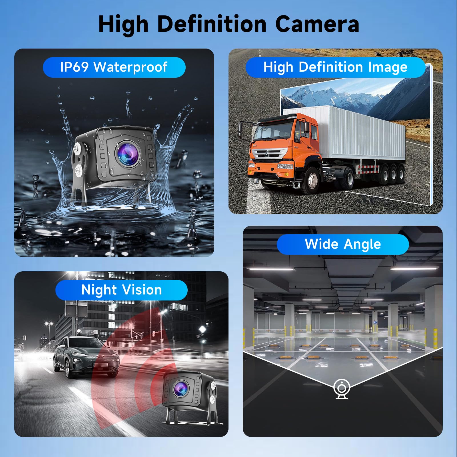 Caméra de Recul pour Voiture avec 2 Caméras AHD, Moniteur LCD 9 Pouces, Étanchéité IP69, Vision Nocturne, Câble 10m+10m, Compatible avec Pick-up, Camions, Petits Camping-Cars, Camping-Car DC12V-35V