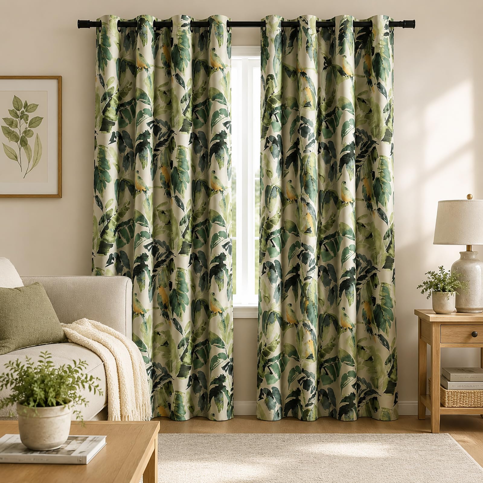Leeva Lot de 2 Rideaux occultants Lourds pour Porte coulissante, Isolation Thermique, Motif Feuilles Vertes, Ara, décoration de fenêtre pour Chambre à Coucher, 132,1 x 213,4 cm
