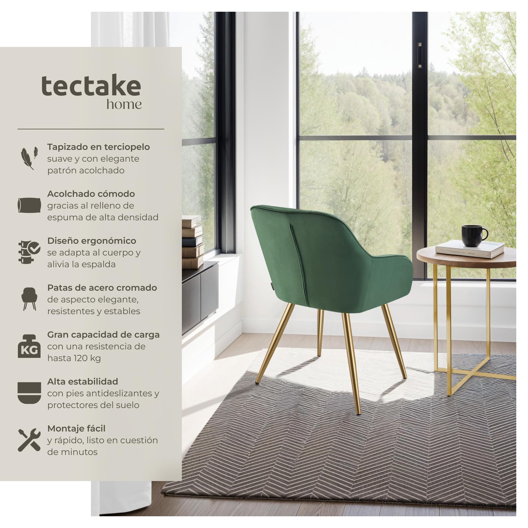 tectake® Sillas de Comedor Elegantes, Tapizado Aterciopelado, Respaldo Continuo, Sillas Comedor Modernas, Silla Dormitorio, Silla Nordica, Butacas de Salon - 1 Silla Verde Oscuro