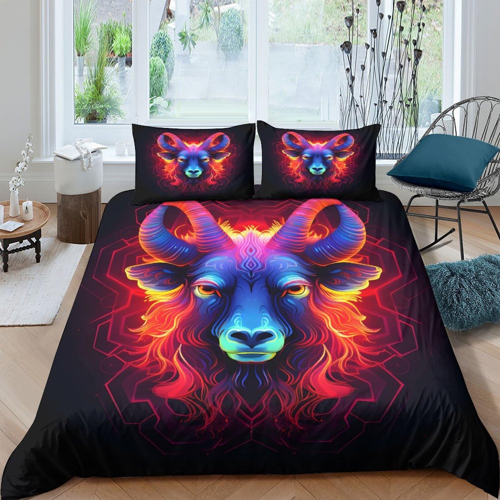 Ctjqhvkz Style-3 3D Printed Neon Ram Fitted Sheet Microfiber Soft Vibrant Animal Bed Sheet For Bedroom Dorm Room Decoration Mattress Protection Single（135X200cm）