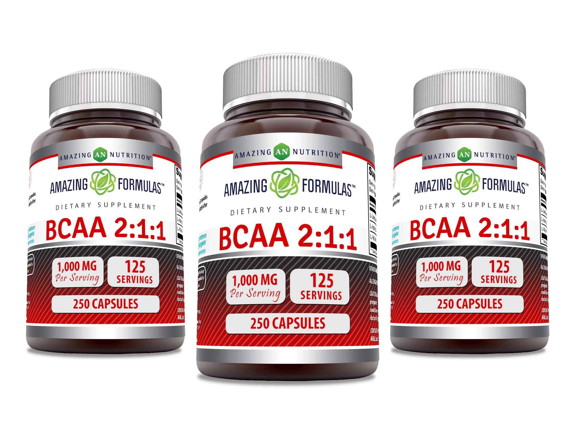 Amazing Formulas BCAA 2:1:1 1000 Mg Per Serving | Capsules | Branched Chain Amino Acids Supplement | Non-GMO | Gluten-Free | Made in USA (250 Count, Pack of 3) Pack of 3 250 Count (Pack of 3)