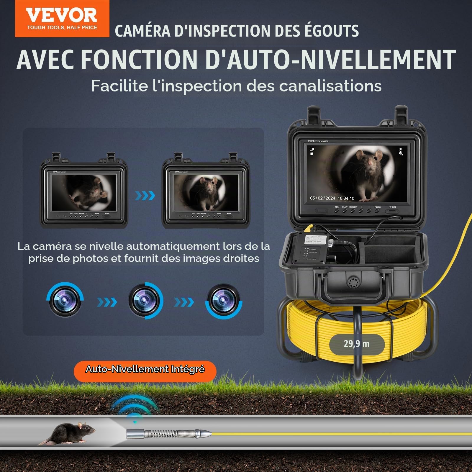 VEVOR Caméra Inspection Canalisation 30 m Endoscope Drain Auto-nivellement avec Écran 9'' 1080P, Zoom 36X, Étanche IP68, Lumière 12 LED, Carte SD 32 Go, pour Conduit, Égout, Plomberie, Tuyaux, Maison