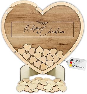 Manschin-Laserdesign Gästebuch Drop in aus Holz und Acrylglas zur Hochzeit, personalisiert, Wunschgravur, Wunschfarbe inkl. Herzen (Holz)