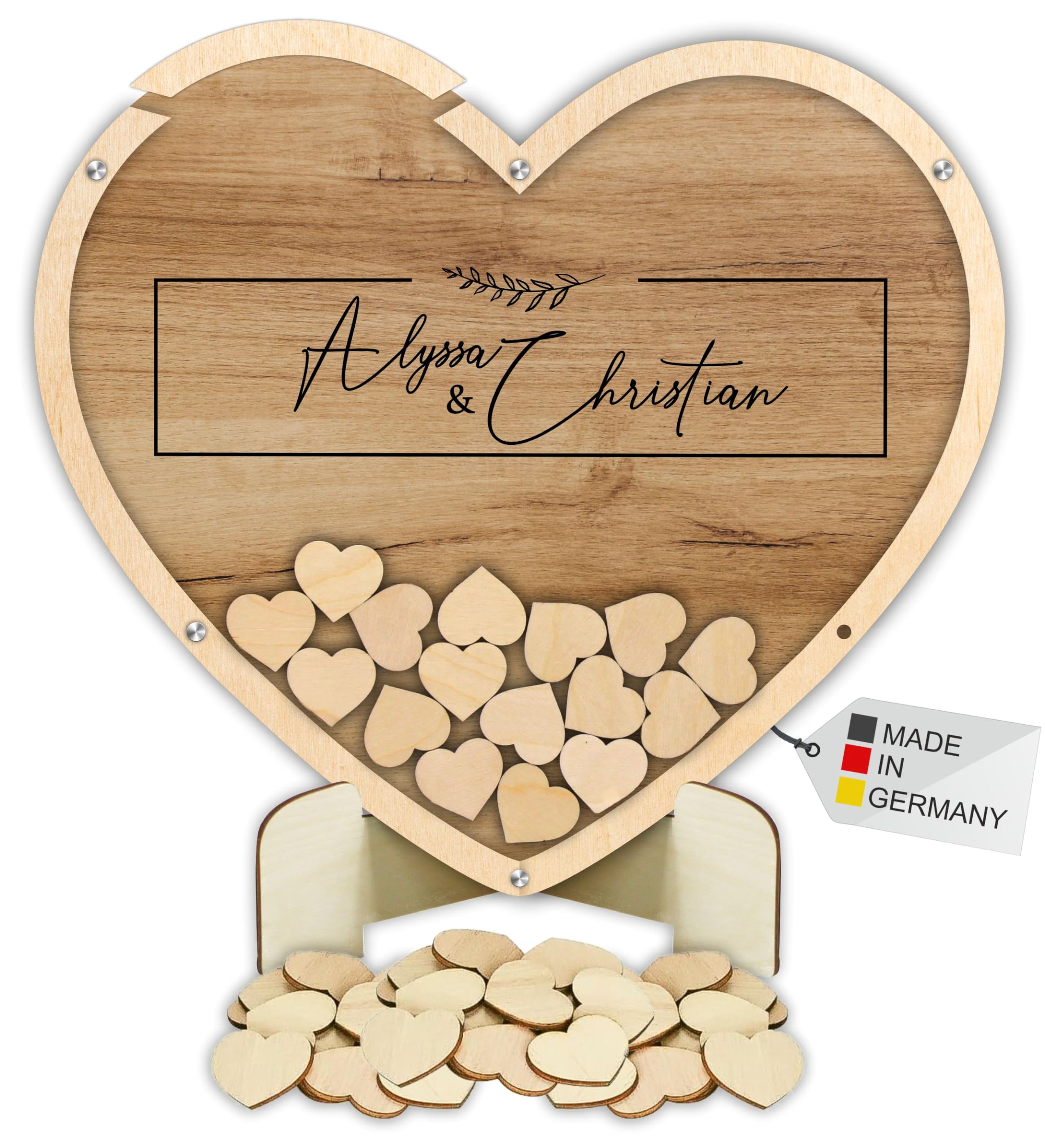 Manschin-Laserdesign Gästebuch Drop in aus Holz und Acrylglas zur Hochzeit, personalisiert, Wunschgravur, Wunschfarbe inkl. Herzen (Holz)