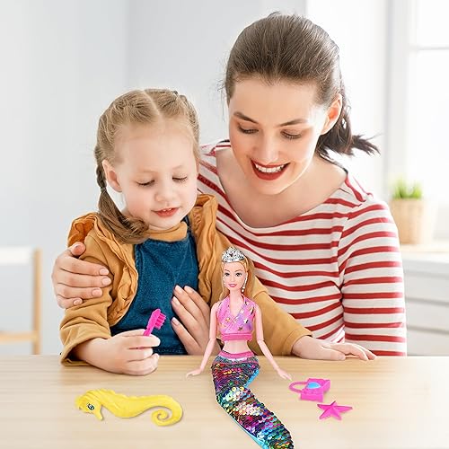 Miniatura 8 de Muñecas de sirena para niñas de 4 a 7 años, juguetes de sirena de pelo rubio y ropa de muñeca para niña, juego de regalo de caballito de mar que