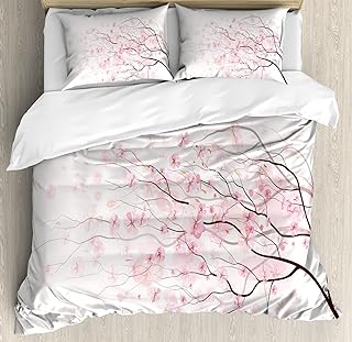 Ambesonne Pale Pink Duvet Cover Set, Sakura Branch with Cherry Flowers Tender Japanese Spring, Decorative 3 Piece Bedding Set with 2 Pillow Shams, Queen Size, Pink White