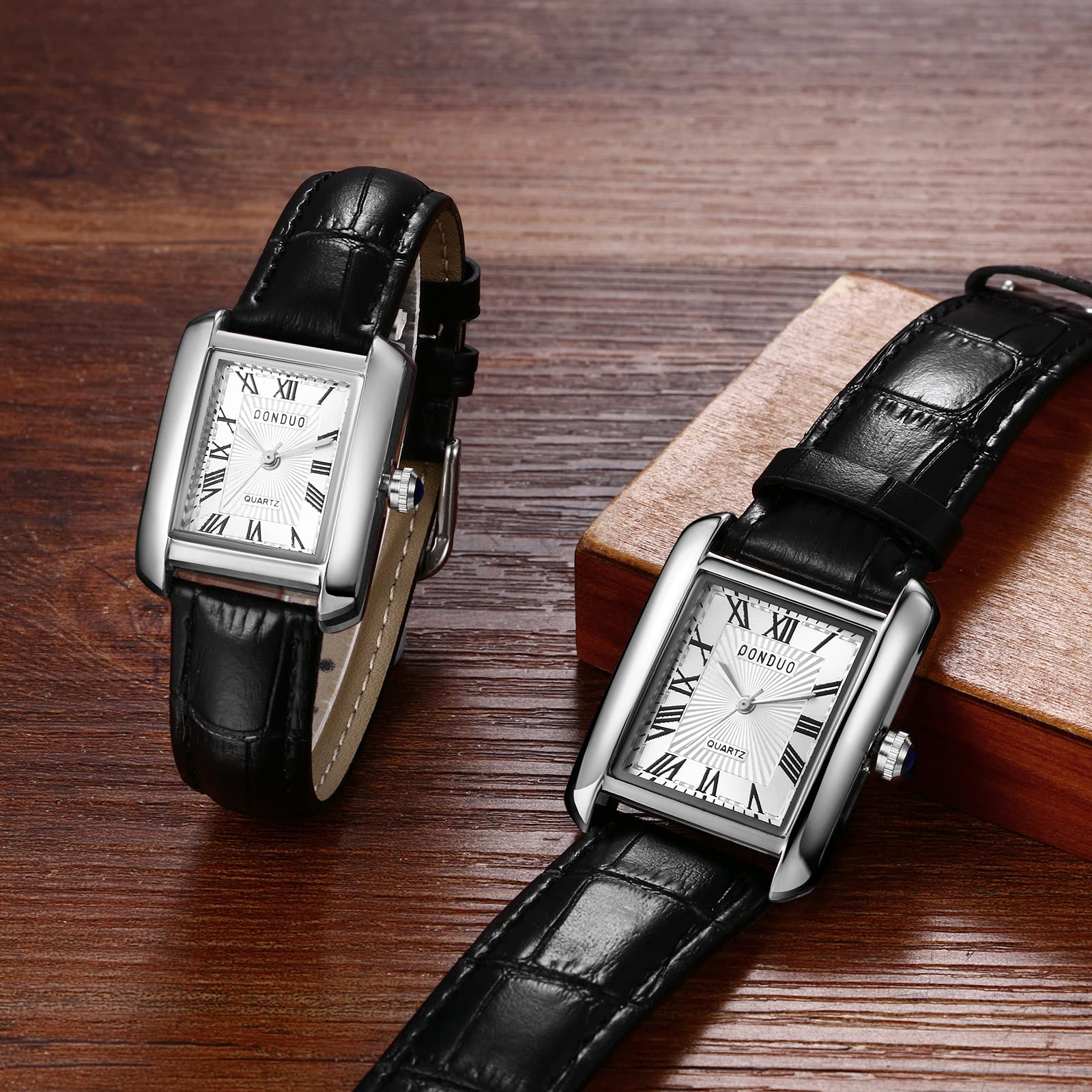 Ibohevo Leather Band Square Watches: Men Women Black Analogue Rectangular Quartz Wristwatch Couple Watch Roman Numerals Christmas Gift Tank Watch